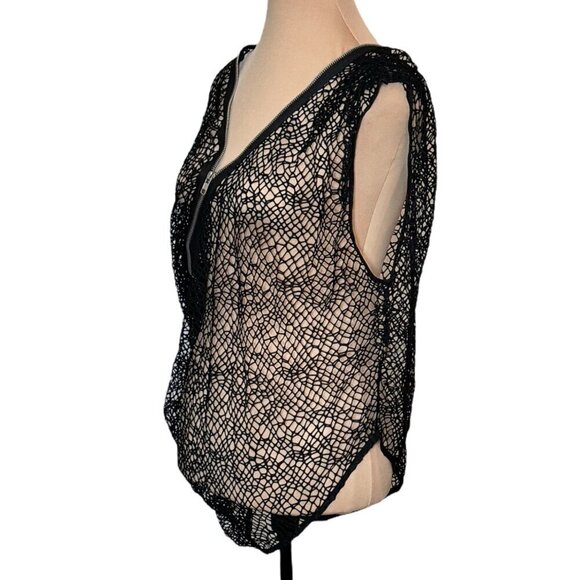 NWT Sugar Lips Black Mesh Fishnet Top Sz.S One Sleeve Sheer Zipper Grunge Goth - Picture 2 of 10